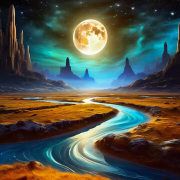 An solitary landscape with a river and mountains with a low moody full moon with golden moonlight.