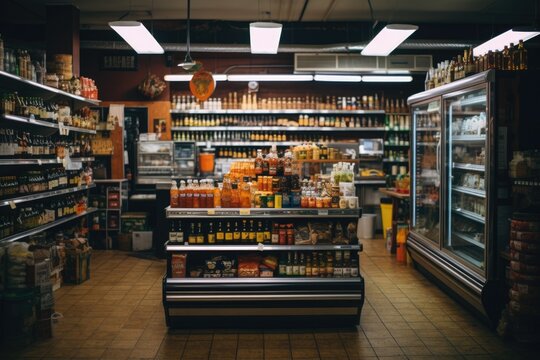 Interior of empty small corner store