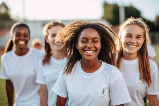 Group portrait of female soccer team on football field