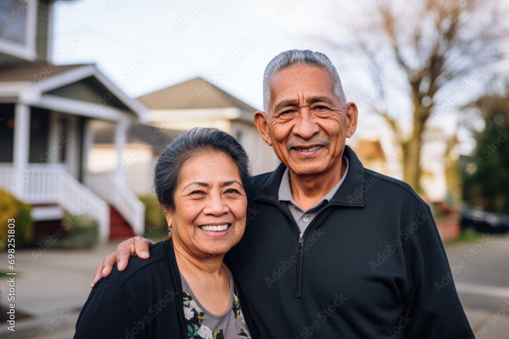 Wall mural Portrait of a happy senior couple in front their home