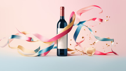 a bottle of wine and colorful ribbons
