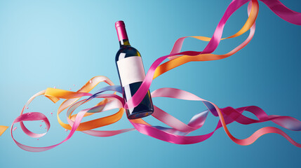 a bottle of wine and colorful ribbons