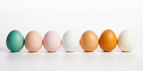 Banner Multi-colored eggs on a white background, front view. Easter poster with place for text