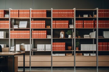 Empty modern office with shelves full of documents