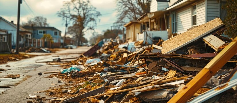 Natural disaster aftermath in residential area: Debris piled up, awaiting recovery.