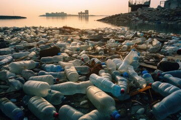 Plastic Waste Littering a Lakeshore at Sunset
