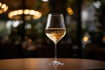 Elegant white wine served in a sophisticated dining setting with warm ambient lighting