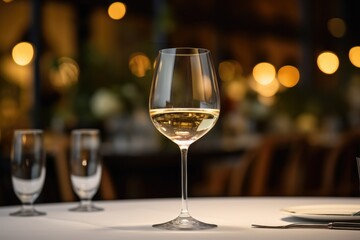 Elegant white wine served in a sophisticated dining setting with warm ambient lighting