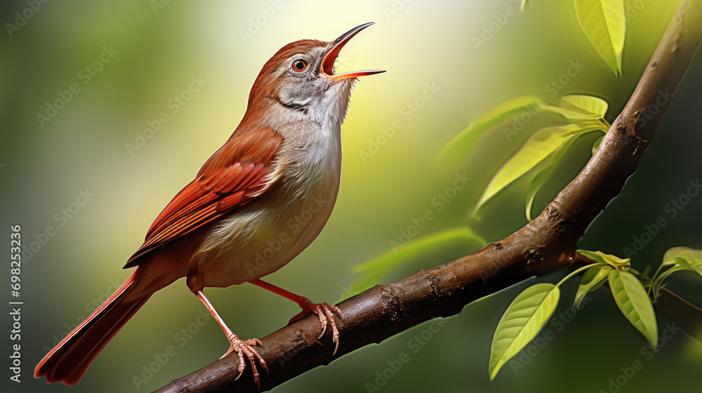 Poster bird is pictured sitting on branch with its mouth open. this image can be used to depict bird in act