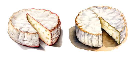 Camembert cheese, watercolor clipart illustration with isolated background. - obrazy, fototapety, plakaty