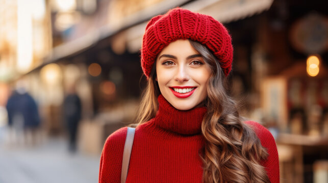 Woman wearing red hat and red sweater. This image can be used for fashion, winter, or holiday-themed projects.
