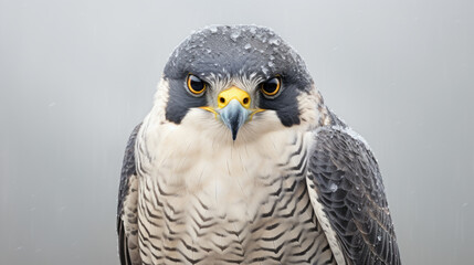 Detailed close-up of bird of prey in snowy winter landscape. This image can be used to depict beauty of nature and resilience of wildlife in harsh conditions.