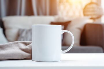 A mock-up blank white template for logo on coffee mugs in modern cozy interior.