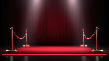 Stage set up with red carpet and red rope barrier. Perfect for glamorous events and VIP entrances. - obrazy, fototapety, plakaty