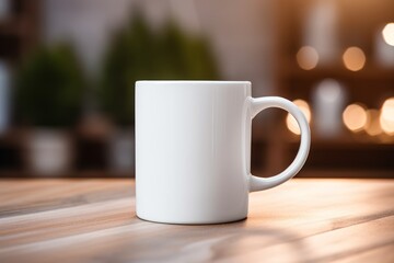 A mock-up blank white template for logo on coffee mugs in modern cozy interior, on wooden table.