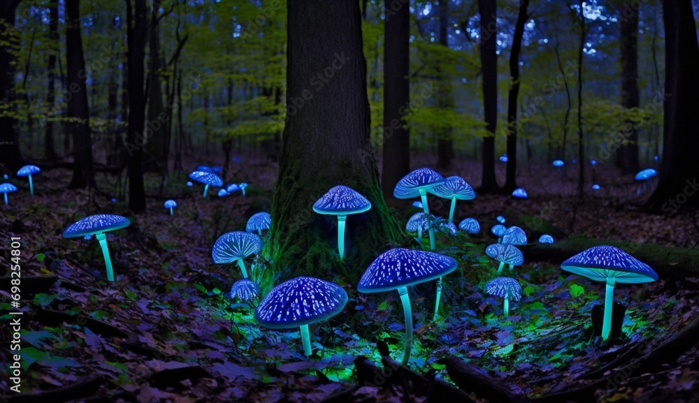 Poster exploring the depths of the mushroom jungles - ai generative