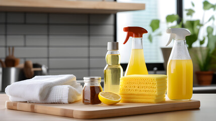 Apartment cleaning concept with detergents and washcloth