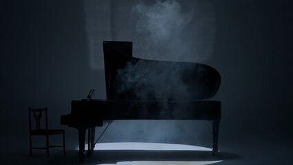 Close up shot of classical piano. Beautiful black piano standing in the studio on white background,...