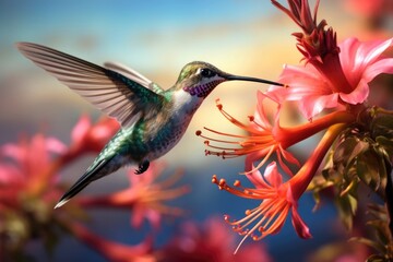 a beautiful magical picture, a small graceful hummingbird drinking nectar in flight, a tropical flower, a beautiful sunset