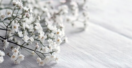 Texture of white wildflowers on white fabric, generative AI background with copy space  - obrazy, fototapety, plakaty