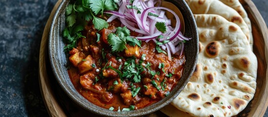 Flavorful cottage cheese curry with caramelized onions and coriander, served with Indian flatbread.