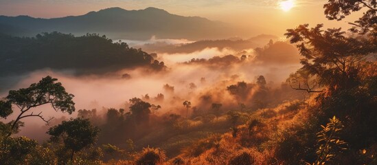Naklejka premium Gorgeous sunrise and fog in Monkcrubasai, Thailand.