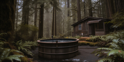 Hot tube with a cozy log cabing in the deep forest