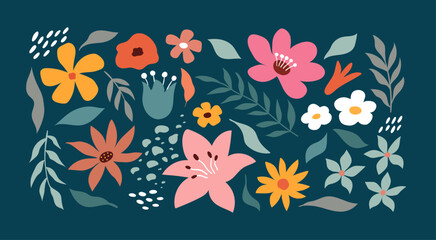 A set of hand-drawn leaves, flowers and plants. Abstract modern fashionable vector illustration.