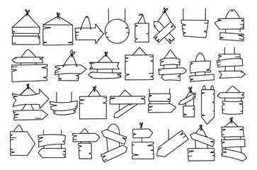 Large handmade set of hanging frames, signs,. Border in doodle style. Shop open door or window template. Vector illustration.