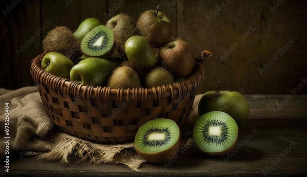 Poster kiwi fruits arranged in an artfully displayed basket - ai generative