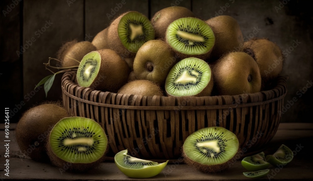 Poster kiwi fruits arranged in an artfully displayed basket - ai generative