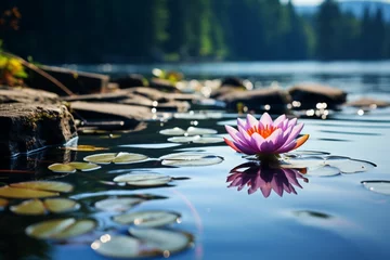 Foto op Canvas Water lilies and rocks in a picturesque lake, a free photo © Muhammad Shoaib