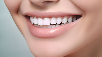 Obraz premium A charming woman's smile with perfect lips and dazzling white teeth. Concept of health and dental hygiene. Modern dentistry. Close-up