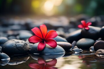 Red frangipani flower amidst spa stones, creating a tranquil atmosphere
