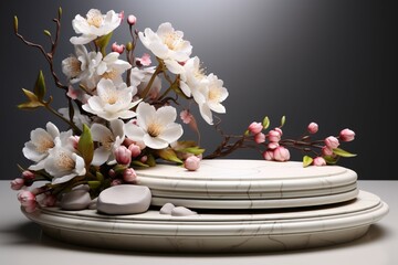Obraz na płótnie Canvas Elegant 3D podium on white, adorned with stones and vibrant flowers