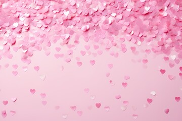 Stylish pink background with heart shaped confetti. Valentine's day, international women day, romantic background