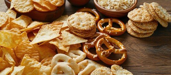 Unhealthy assortment of fast carbs - pretzels, chips, crackers.