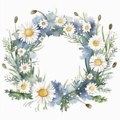 Watercolor wreath made with chamomiles and leaves on whitebackground. Generative Ai.