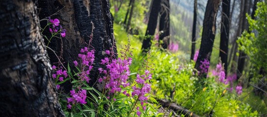 New green foliage and purple fireweed flowers contrast with charred tree trunks from the Kenow Fire of 2017 at Blakiston Falls trail in Waterton Lakes National Park, Alberta, Canada.