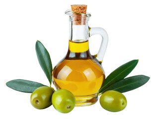 Delicious olive oil in a glass bottle and green olives with leaves - isolated on transparent background - obrazy, fototapety, plakaty