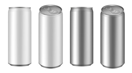 Set of white and silver tin cans of energy drink, juice or soda. Cocktail or fitness drink. Cold beverages. Can top view