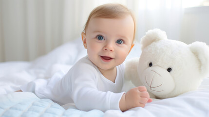 Happy smiling baby in a white sunny bedroom. Newborn baby resting in bed. Newborn with teddy bear, copy space