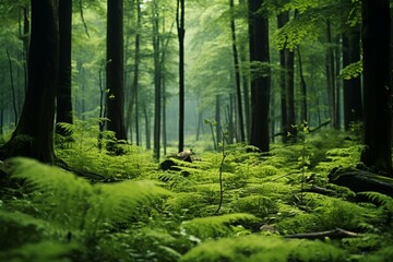 Majestic trees, small bushes, and ferns in a lush green forest - obrazy, fototapety, plakaty