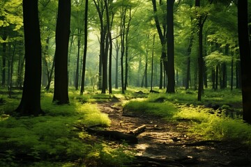 Sun rays break through a lush green forests dense crown