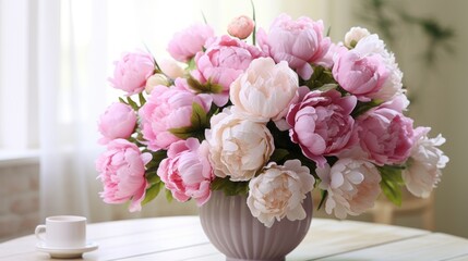  a vase filled with pink and white flowers sitting on top of a wooden table next to a cup of coffee.