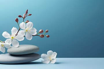 Obraz na płótnie Canvas Light blue backdrop with a minimalistic display of stone and flowers