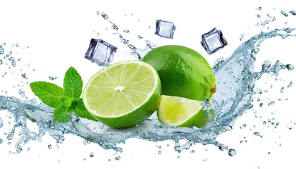 Fresh limes, mint leaves, ice cubes and water splashes - isolated on transparent background
