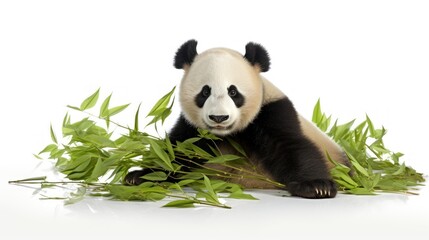  a panda bear sitting on top of a pile of green leafy grass next to a pile of bamboo stalks.