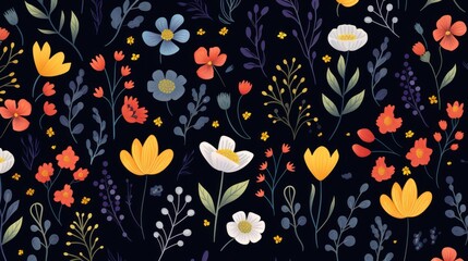  a black background with a bunch of different colored flowers and plants in the center of the image is a dark blue background with white, yellow, red, orange, orange, and blue flowers.