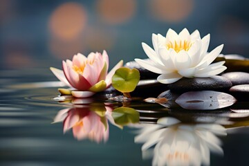 Graceful lotus and stone on serene water, a beautiful composition